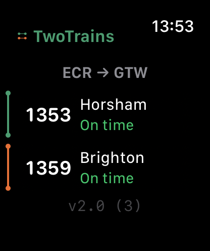 Two Trains on Apple Watch: the same commute, with the 13:53 to Horsham and the 13:59 to Brighton both on time