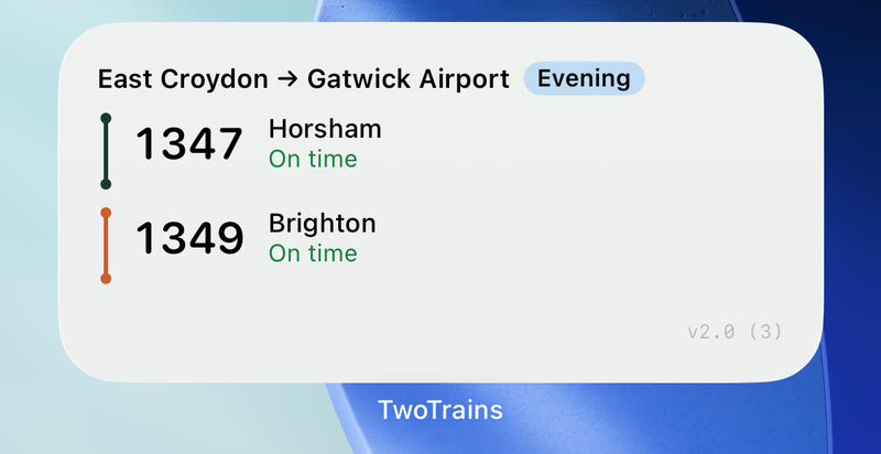 Two Trains widget on the iPhone home screen in light mode, showing the next two departures from East Croydon to Gatwick Airport